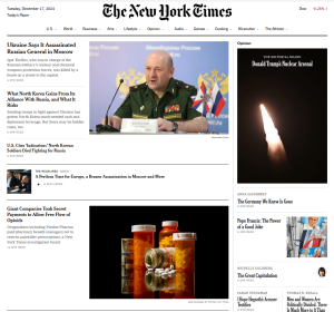 Screenshot of New York Times website, 2024-12-17, including a headline and image illustrating an article about PBMs and opioids.